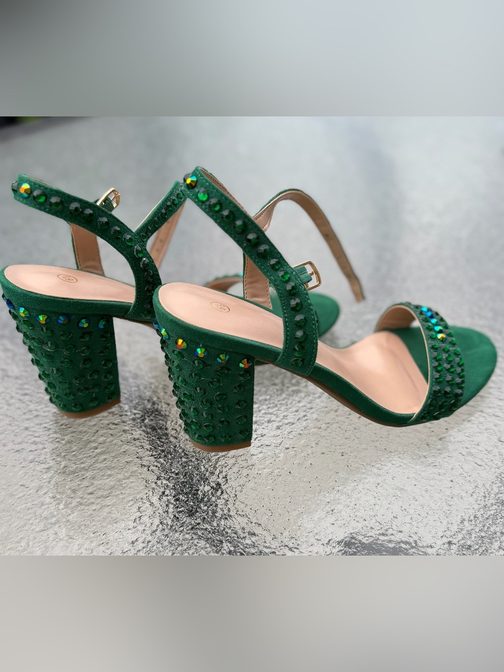 Emerald Green Rhinestone Block Heels - Women